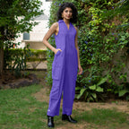 Royal Purple Cotton Poplin V-Neck Sleeveless Cargo Jumpsuit