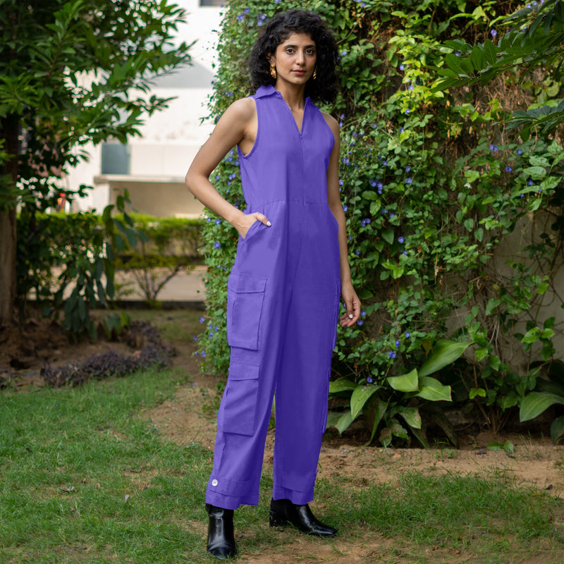 Royal Purple Cotton Poplin V-Neck Sleeveless Cargo Jumpsuit