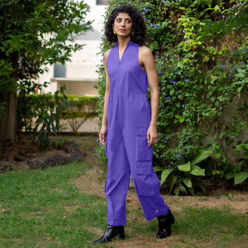 Royal Purple Cotton Poplin V-Neck Sleeveless Cargo Jumpsuit