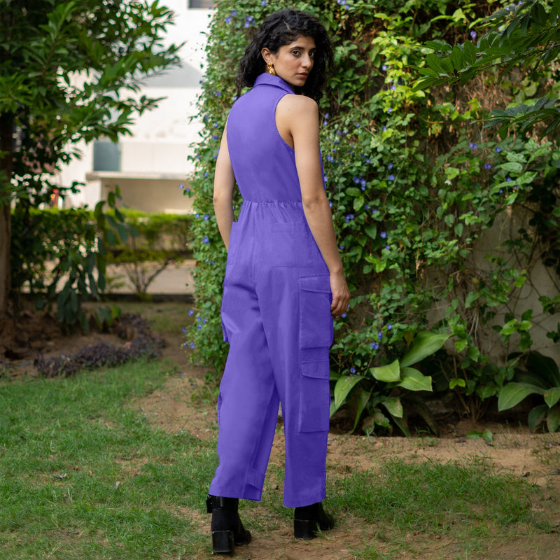 Royal Purple Cotton Poplin V-Neck Sleeveless Cargo Jumpsuit