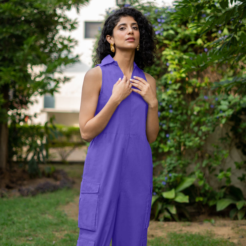 Royal Purple Cotton Poplin V-Neck Sleeveless Cargo Jumpsuit