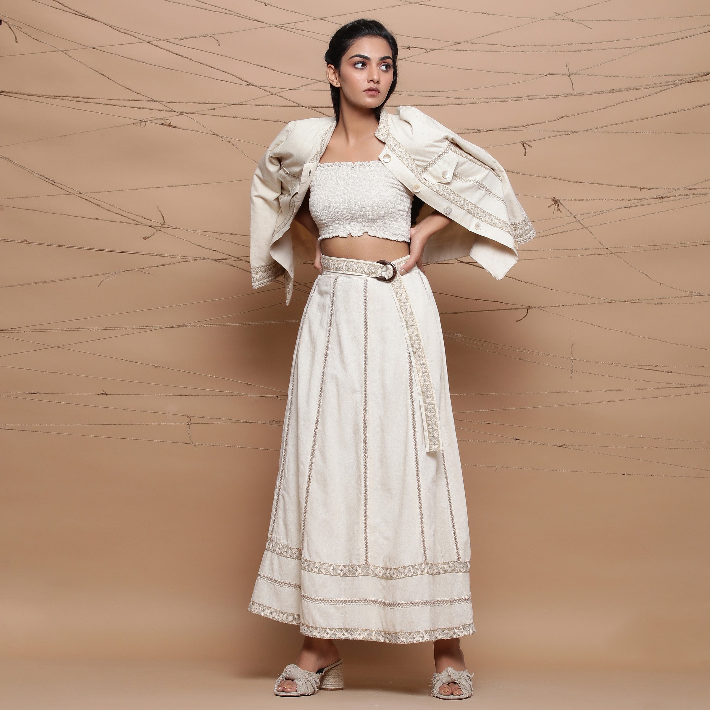 Front View of a Model wearing Undyed Cotton Jute Laced Flared Skirt