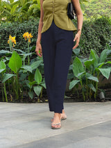Blue Cotton Flax High-Rise Straight Leg Pant