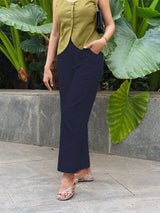 Blue Cotton Flax High-Rise Straight Leg Pant