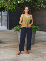 Blue Cotton Flax High-Rise Straight Leg Pant