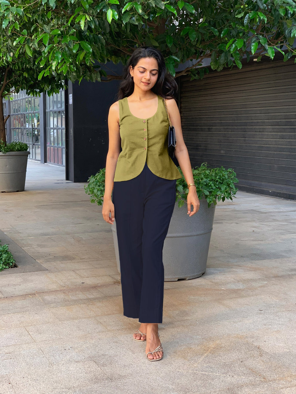 Blue Cotton Flax High-Rise Straight Leg Pant