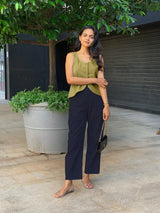 Blue Cotton Flax High-Rise Straight Leg Pant