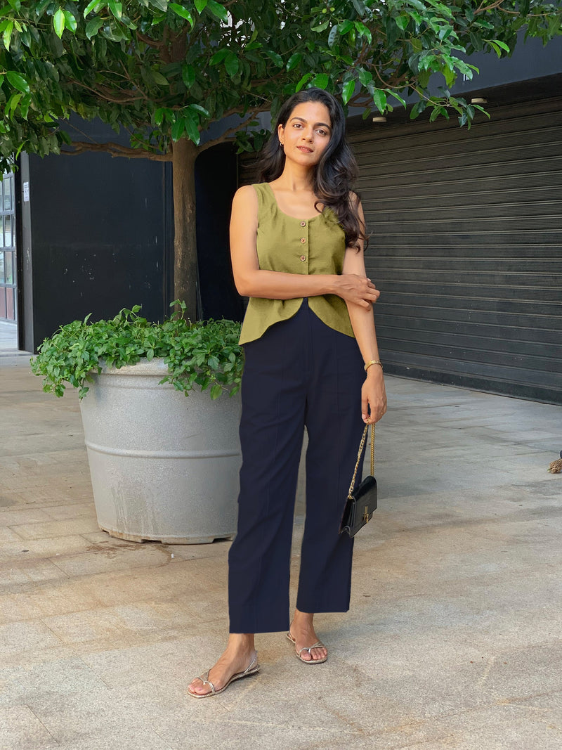 Blue Cotton Flax High-Rise Straight Leg Pant