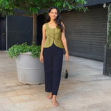 Blue Cotton Flax High-Rise Straight Leg Pant