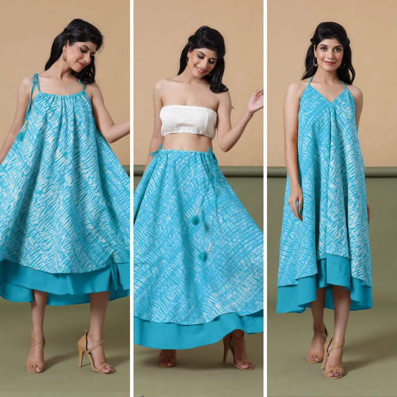 6-Way Convertible Ocean Blue Tie-Dye Cotton Skirt Dress