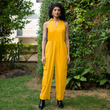 Yellow Cotton Poplin V-Neck Sleeveless Cargo Jumpsuit