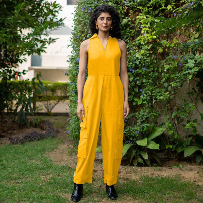 Yellow Cotton Poplin V-Neck Sleeveless Cargo Jumpsuit