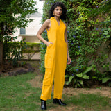 Yellow Cotton Poplin V-Neck Sleeveless Cargo Jumpsuit