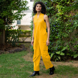 Yellow Cotton Poplin V-Neck Sleeveless Cargo Jumpsuit