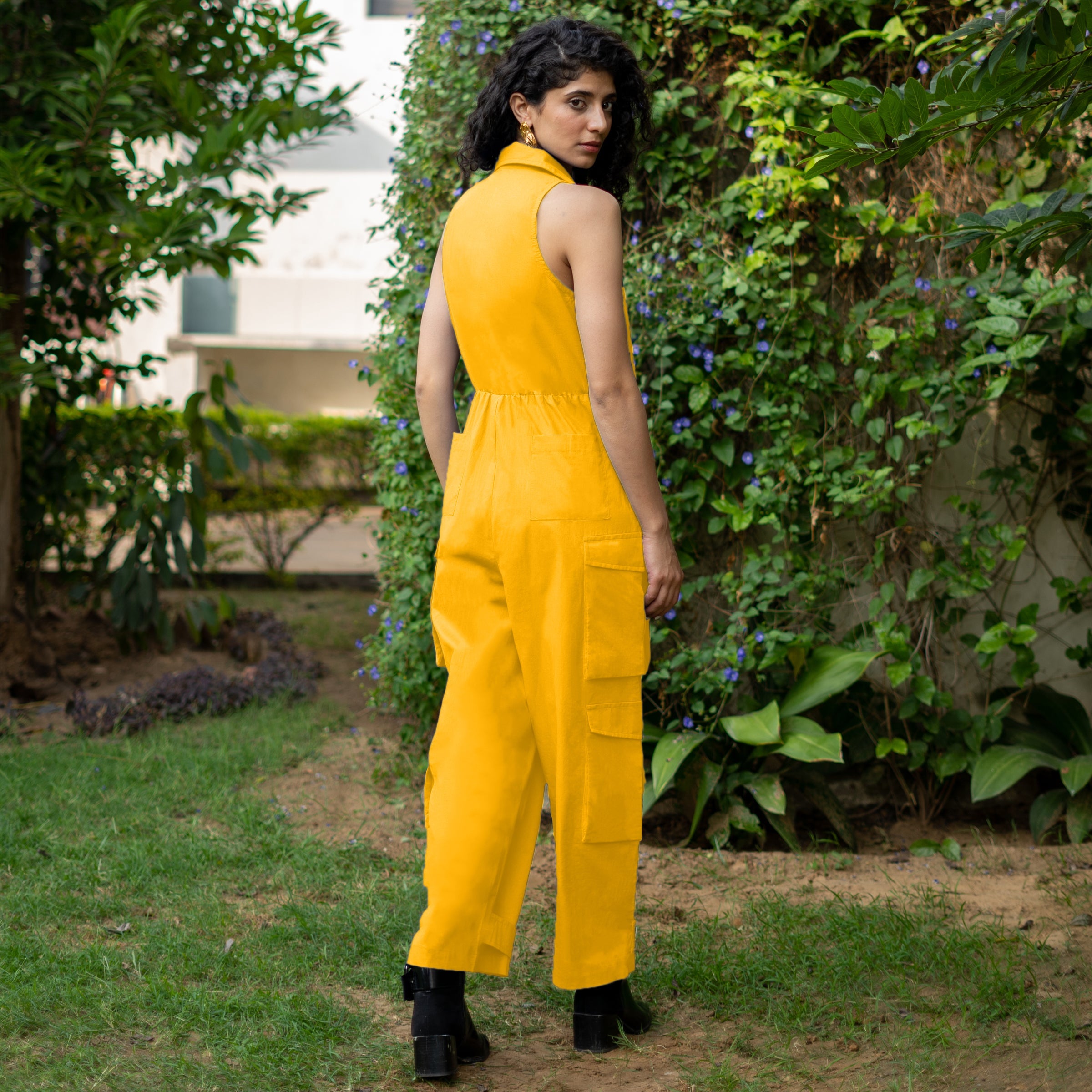 Yellow Cotton Poplin V-Neck Sleeveless Cargo Jumpsuit