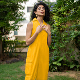 Yellow Cotton Poplin V-Neck Sleeveless Cargo Jumpsuit