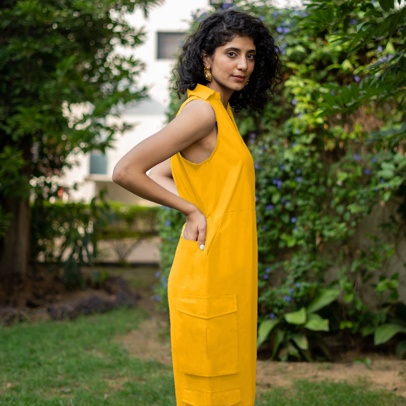 Yellow Cotton Poplin V-Neck Sleeveless Cargo Jumpsuit