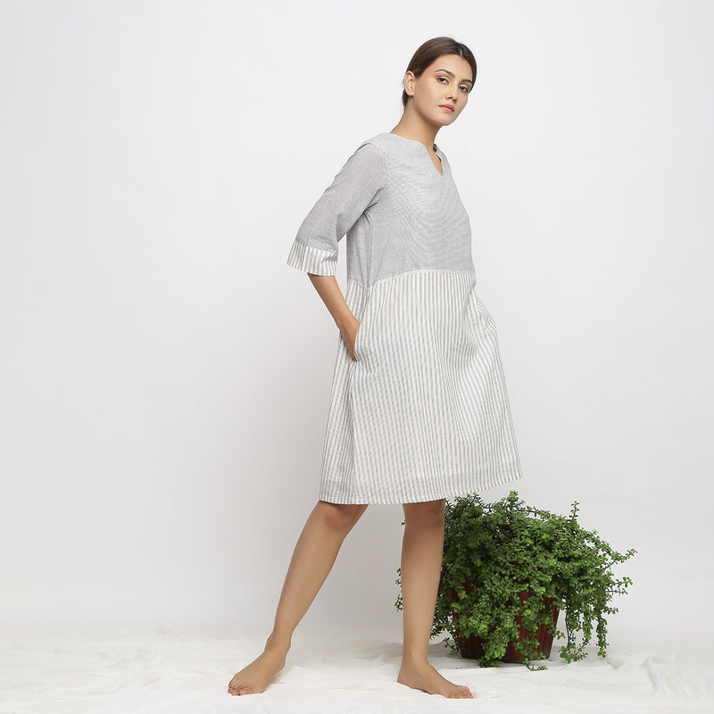 Right View of a Model wearing Handspun Cotton A-Line Shift Dress