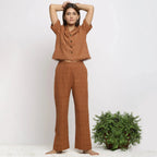 Front View of a Model wearing Almond Brown Handspun Check Pant