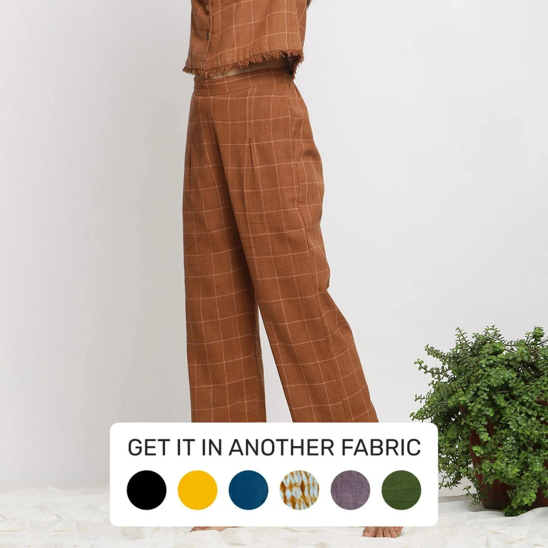 Right View of a Model wearing Almond Brown Handspun Check Pant