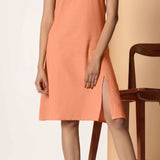 Front Detail of a Model wearing Apricot Cotton Flax Strappy Slit Dress