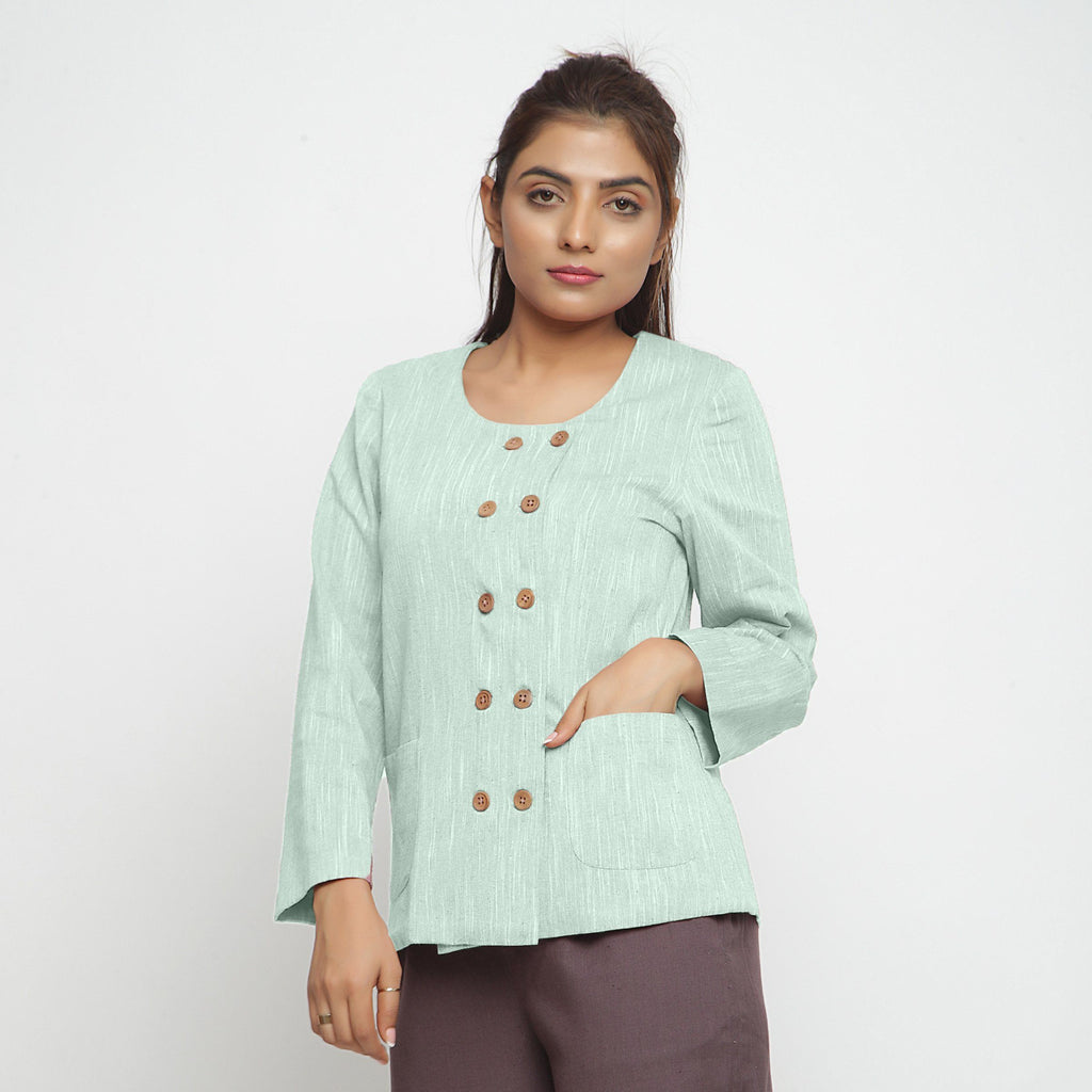 Front View of a Model wearing Aqua Cotton Flax Button-Down Jacket