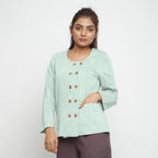 Front View of a Model wearing Aqua Cotton Flax Button-Down Jacket