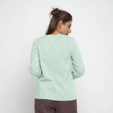 Back View of a Model wearing Aqua Cotton Flax Button-Down Jacket