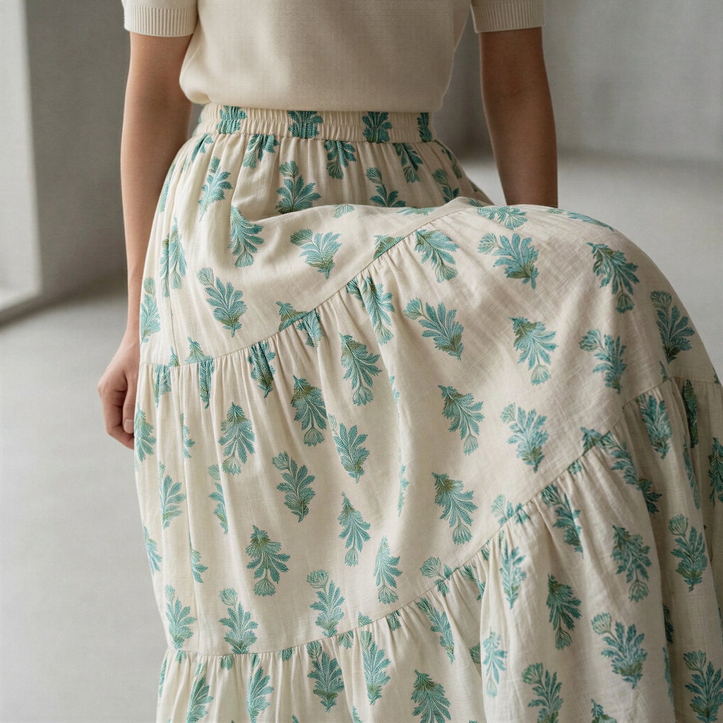 Aqua Floral Hand Print Cotton Elasticated Maxi Tier Skirt