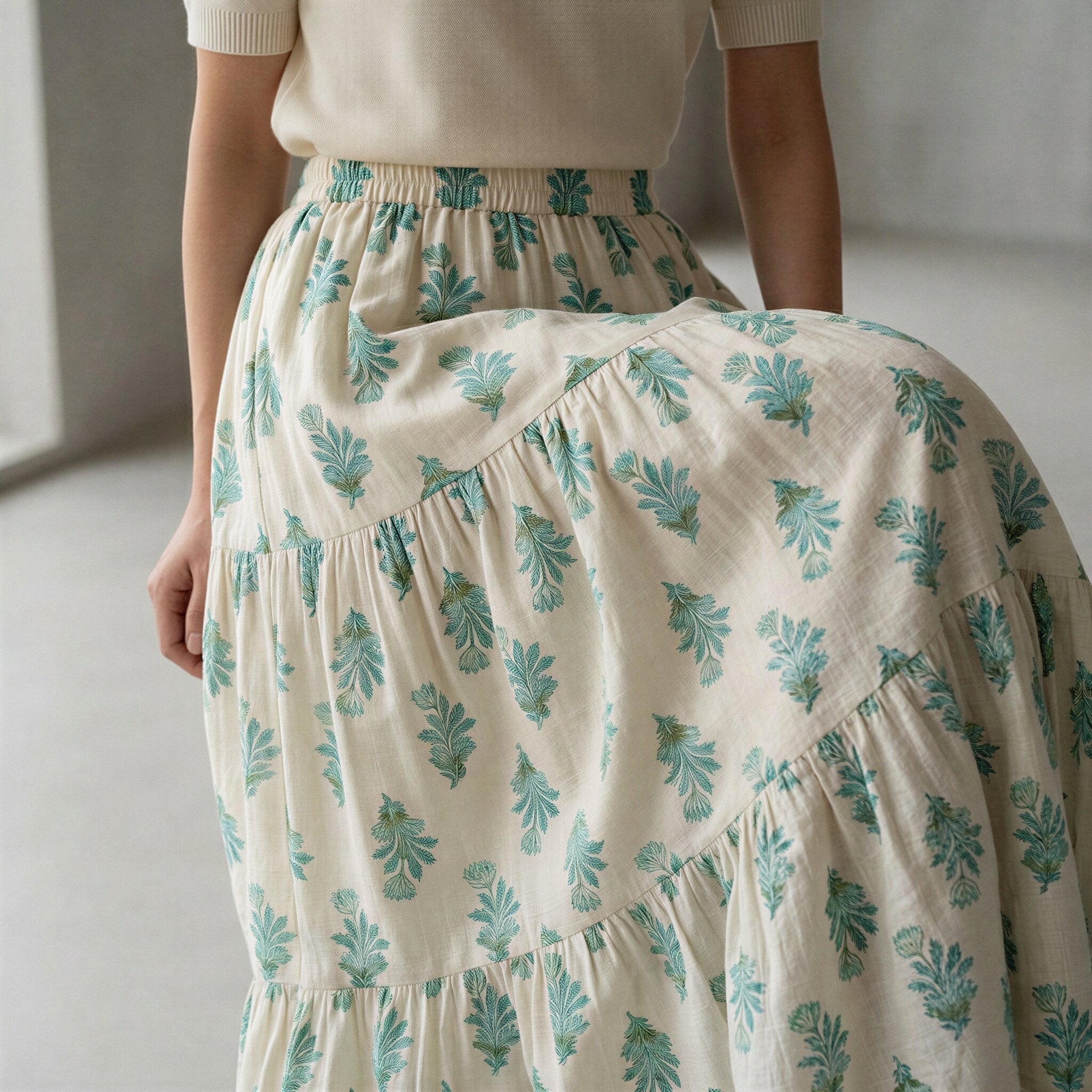 Aqua Floral Hand Print Cotton Elasticated Maxi Tier Skirt