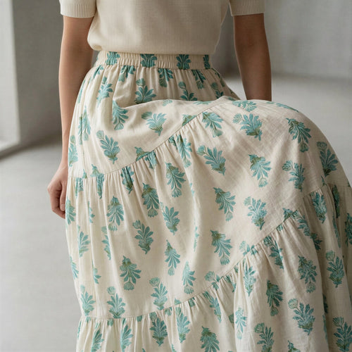 Aqua Floral Hand Print Cotton Elasticated Maxi Tier Skirt