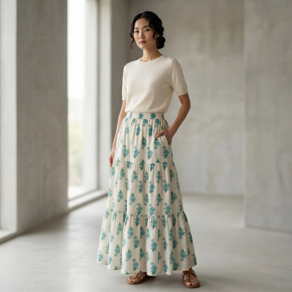 Aqua Floral Hand Print Cotton Elasticated Maxi Tier Skirt
