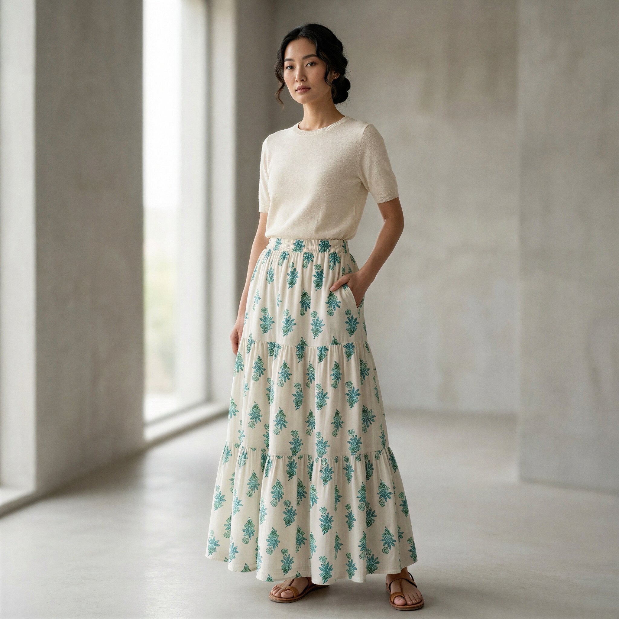 Aqua Floral Hand Print Cotton Elasticated Maxi Tier Skirt