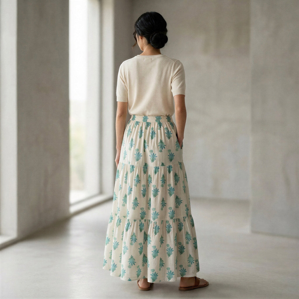 Aqua Floral Hand Print Cotton Elasticated Maxi Tier Skirt