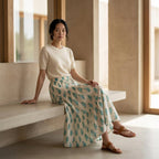 Aqua Floral Hand Print Cotton Elasticated Maxi Tier Skirt