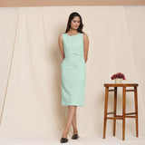 Front View of a Model wearing Aqua Knee Length Cotton Sheath Dress