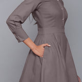 Right Detail of a Model wearing Ash Grey Button-Down Flannel Dress