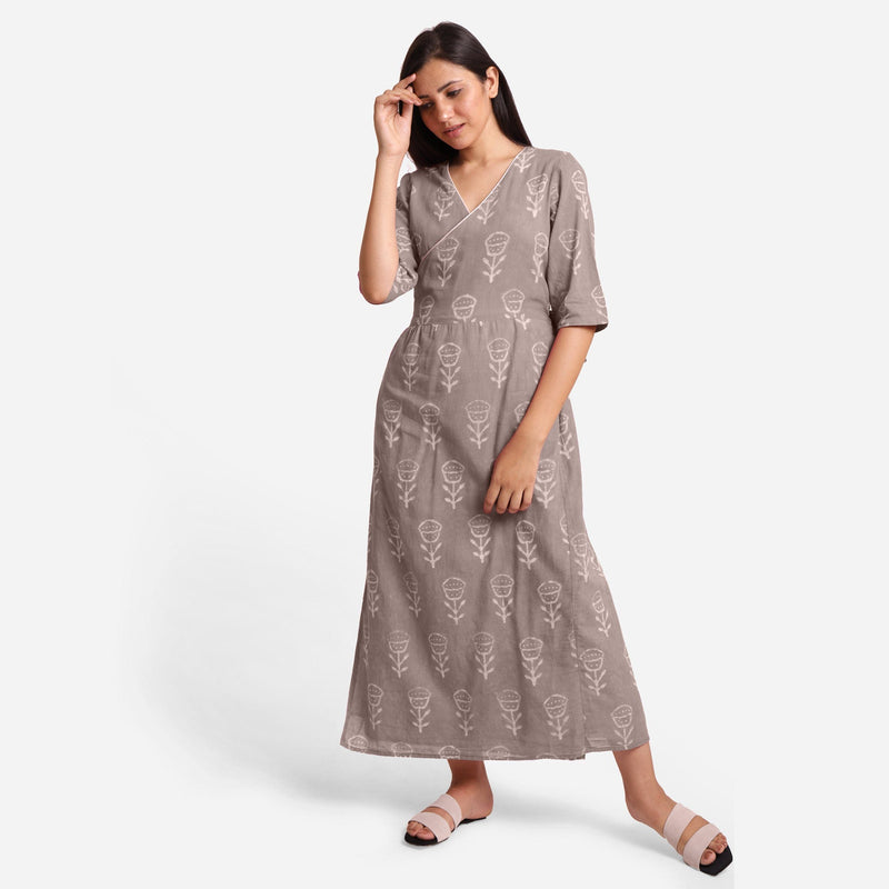 Front View of a Model wearing Ash Grey Dabu Print 100% Cotton Wrap Dress