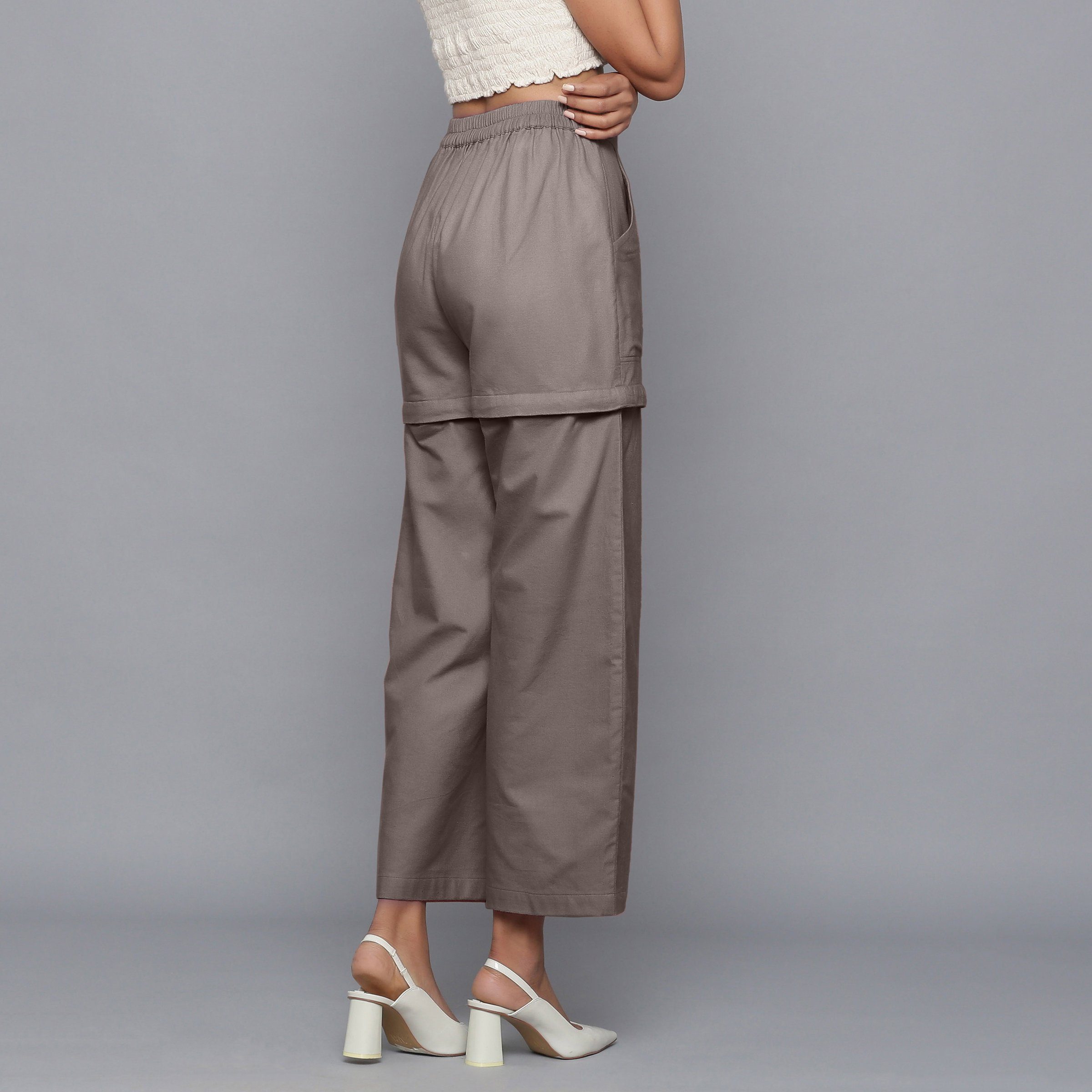 Back View of a Model wearing Ash Grey Flannel Convertible Pant Shorts