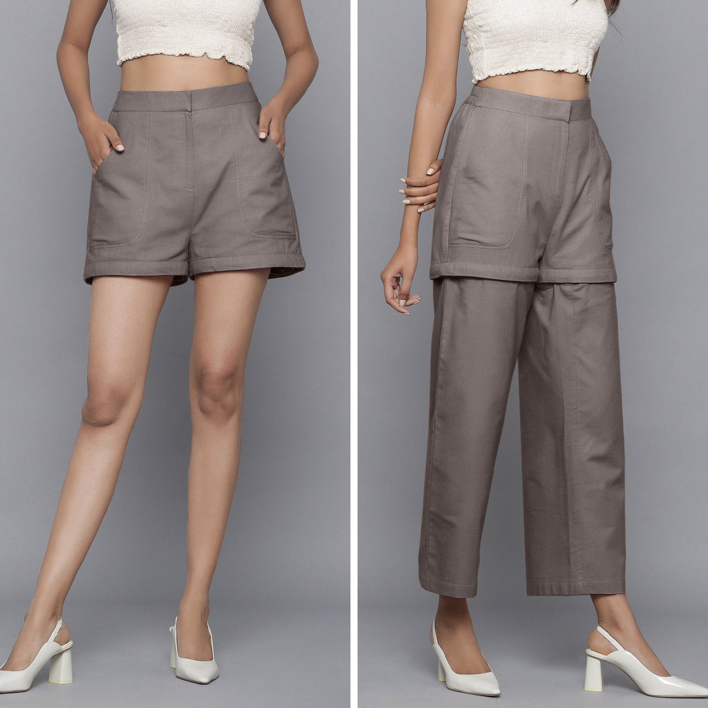 Front View of a Model wearing Ash Grey Flannel Convertible Pant Shorts