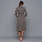 Back View of a Model wearing Ash Grey Flannel High Neck Midi Dress