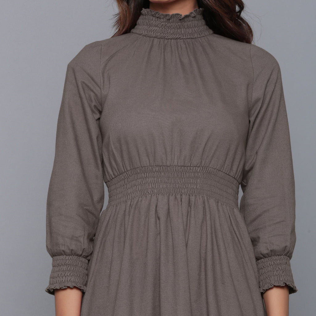 Front Detail of a Model wearing Ash Grey Flannel High Neck Midi Dress