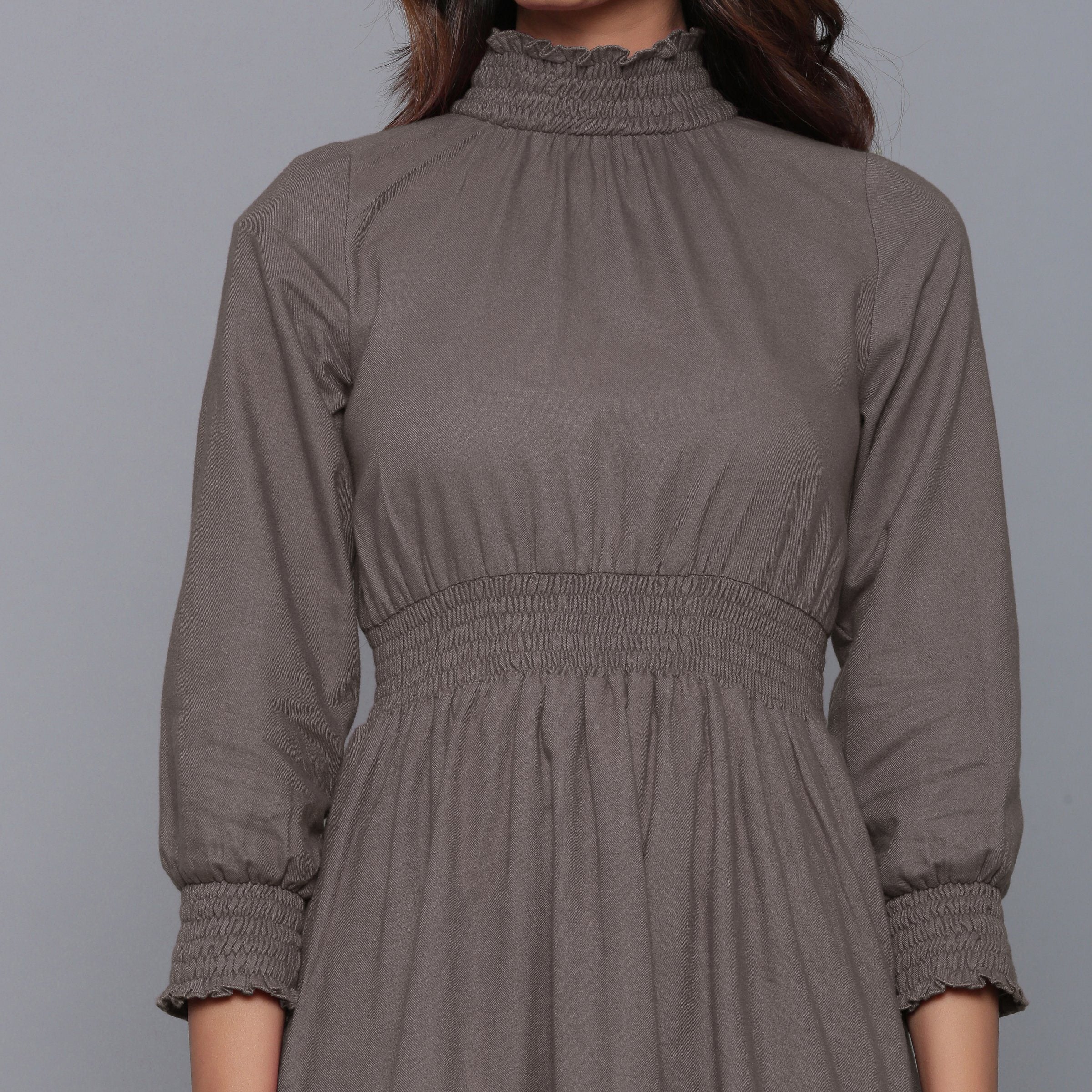 Front Detail of a Model wearing Ash Grey Flannel High Neck Midi Dress