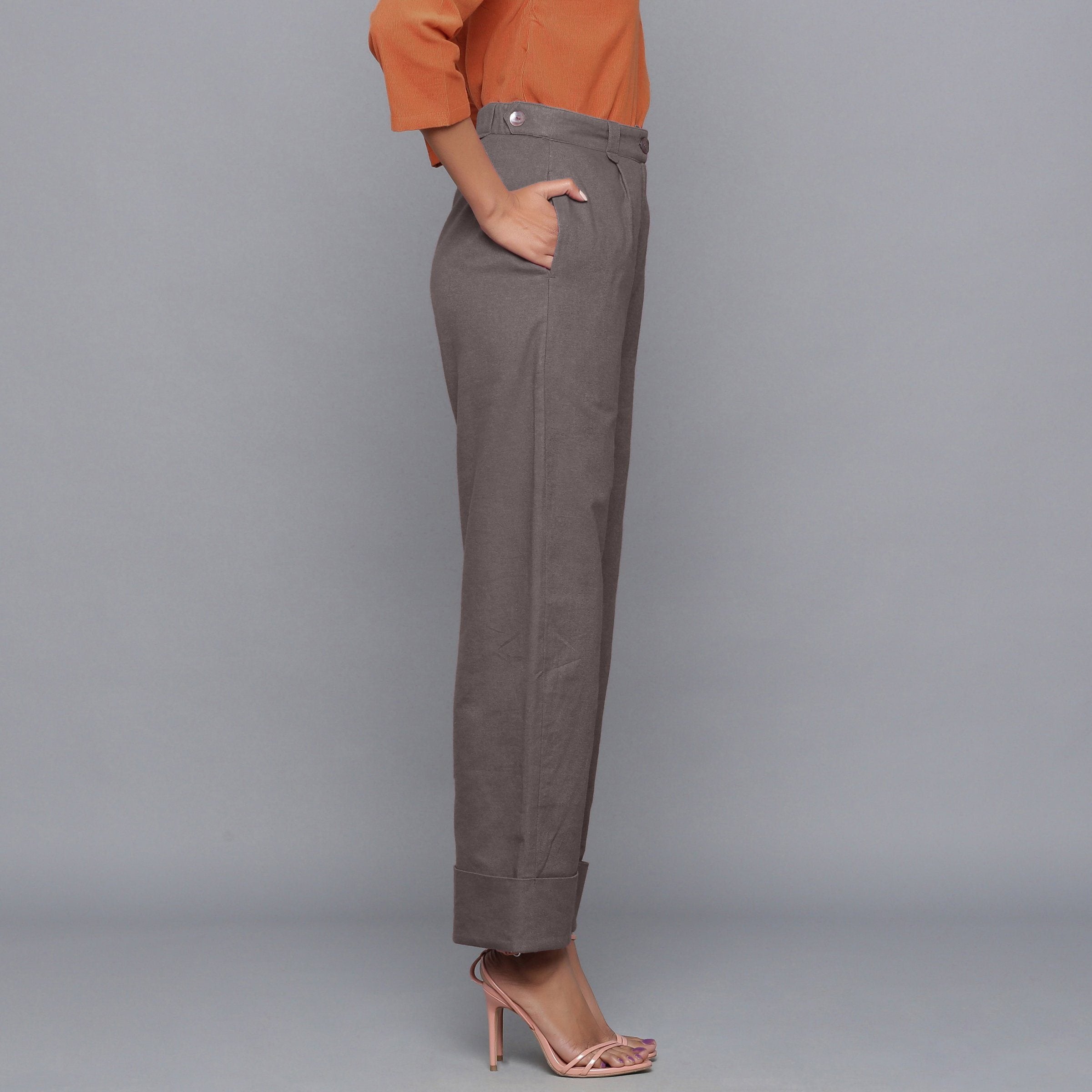 Right View of a Model wearing Ash Grey Flannel Rolled-Up Straight Pant