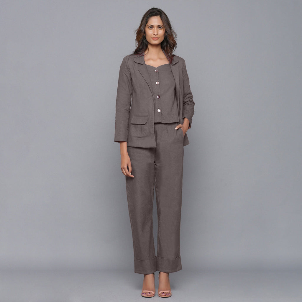 Front View of a Model wearing Ash Grey Flannel Rolled-Up Straight Pant