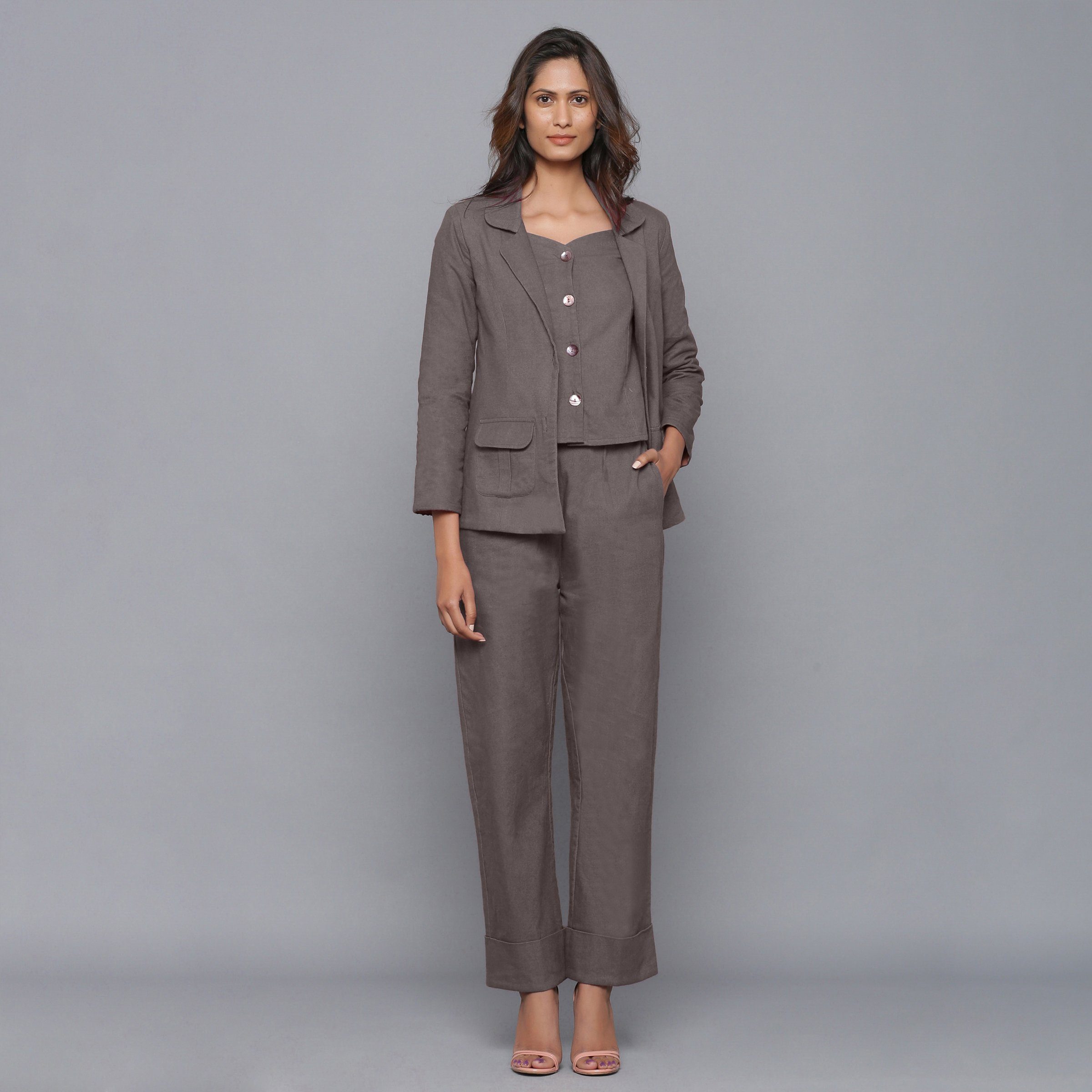 Front View of a Model wearing Ash Grey Flannel Rolled-Up Straight Pant