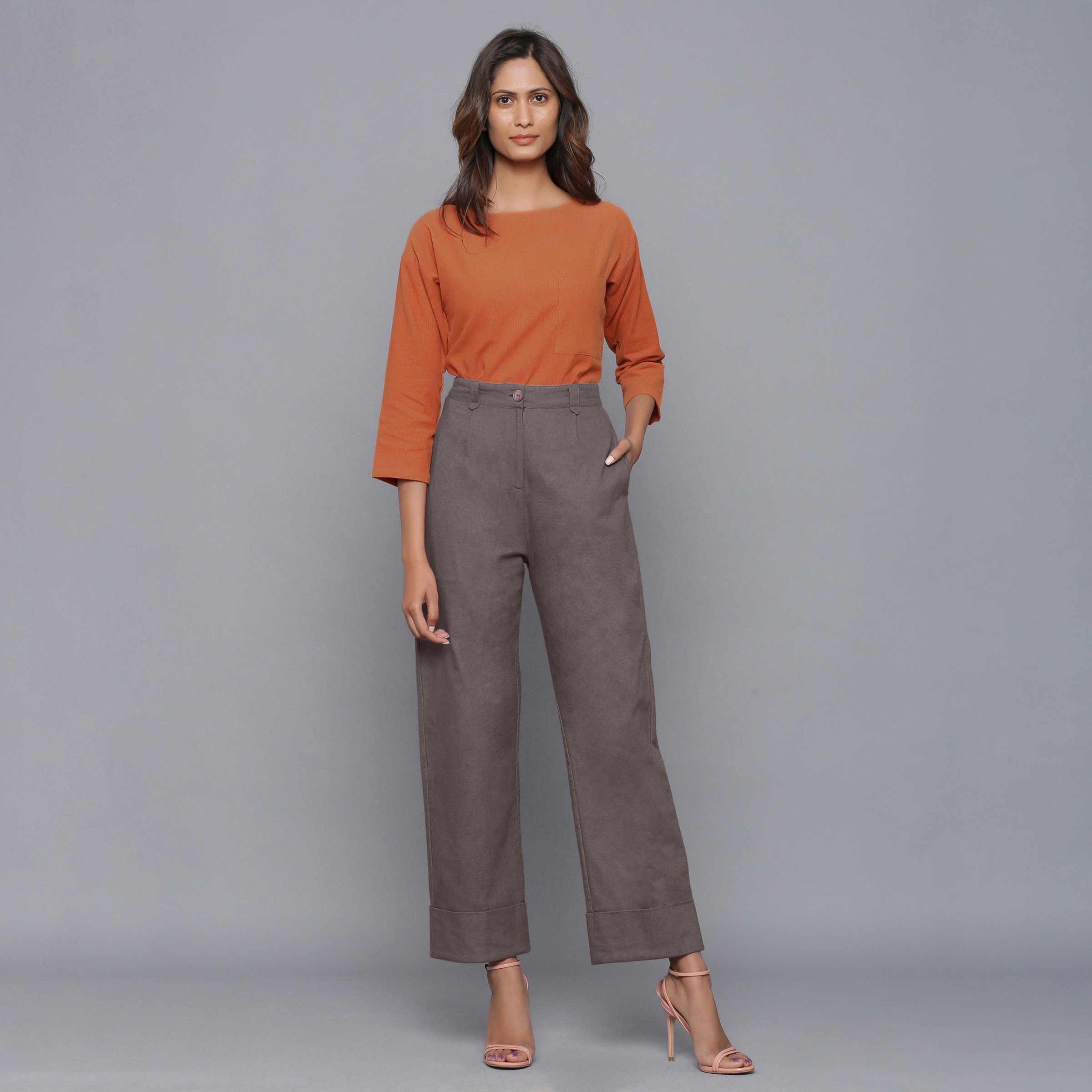 Front View of a Model wearing Ash Grey Flannel Rolled-Up Straight Pant