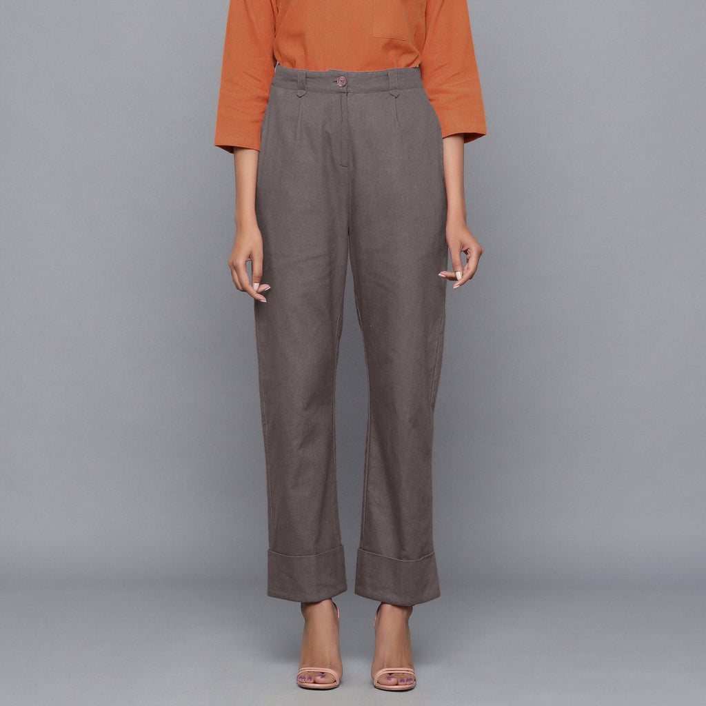 Front View of a Model wearing Ash Grey Flannel Rolled-Up Straight Pant