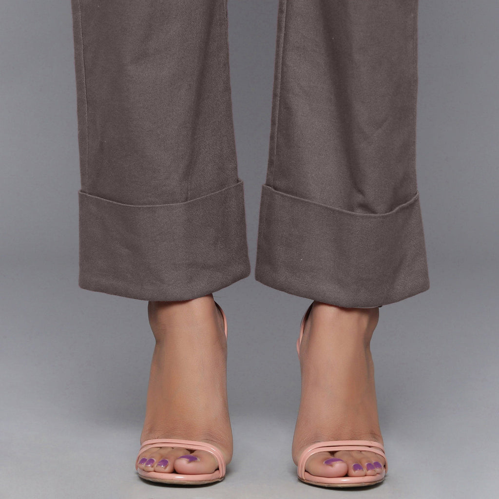 Front View of a Model wearing Ash Grey Flannel Rolled-Up Straight Pant