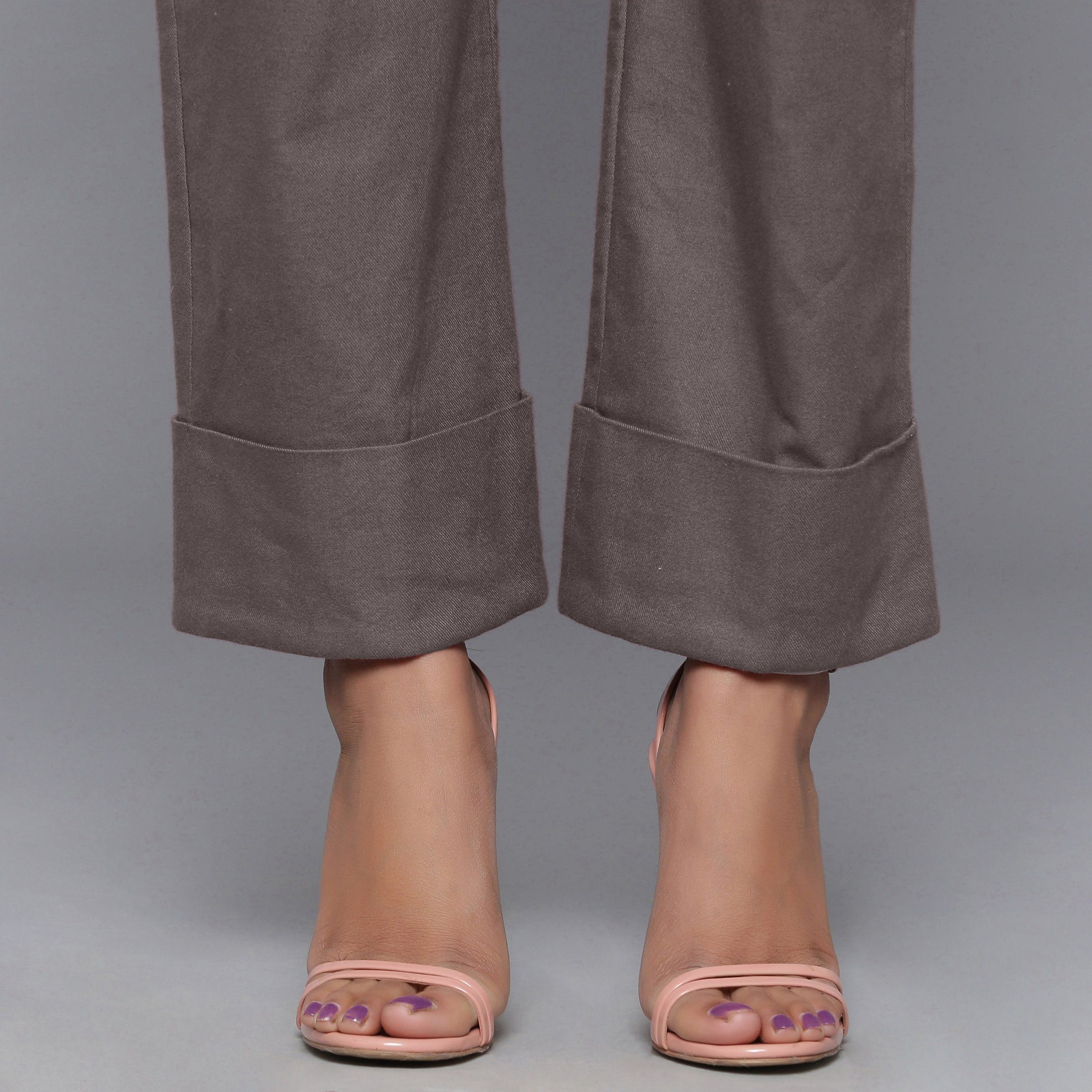 Front View of a Model wearing Ash Grey Flannel Rolled-Up Straight Pant